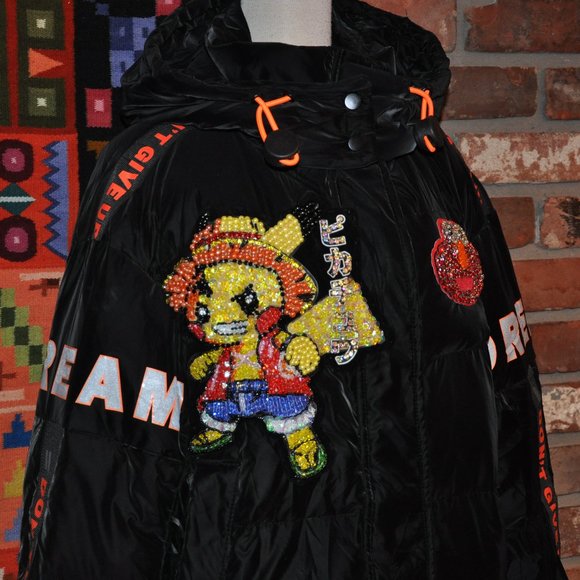 Black Silky Velvet Puffer Long Coat Sequin Pikachu Elmo DREAM "Don't Give Up" M - Picture 3 of 15